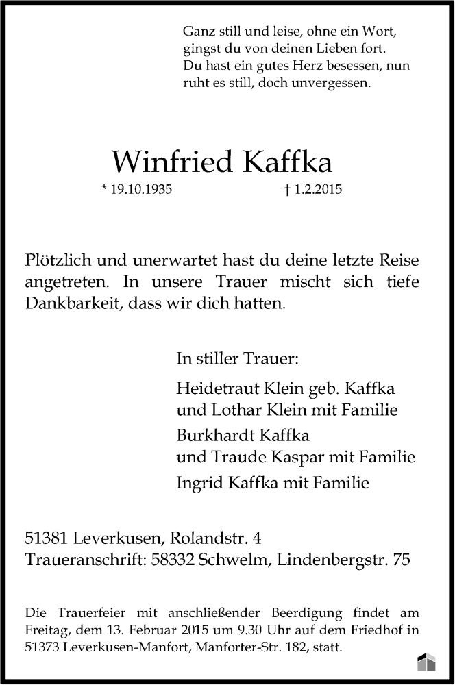  Traueranzeige für Winfried Kaffka vom 10.02.2015 aus Kölner Stadt-Anzeiger / Kölnische Rundschau / Express