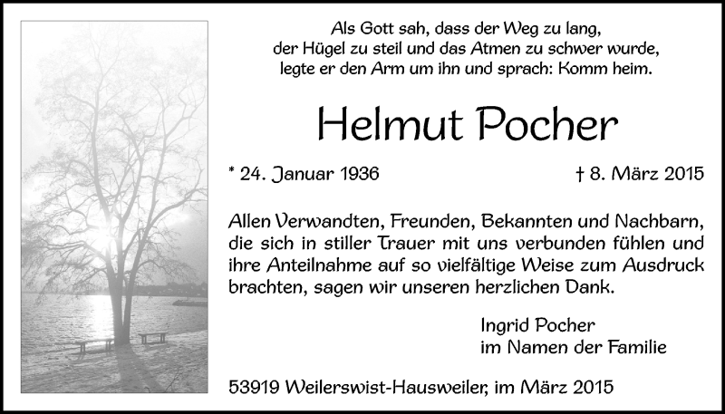  Traueranzeige für Helmut Pocher vom 29.03.2015 aus  Blickpunkt Euskirchen 