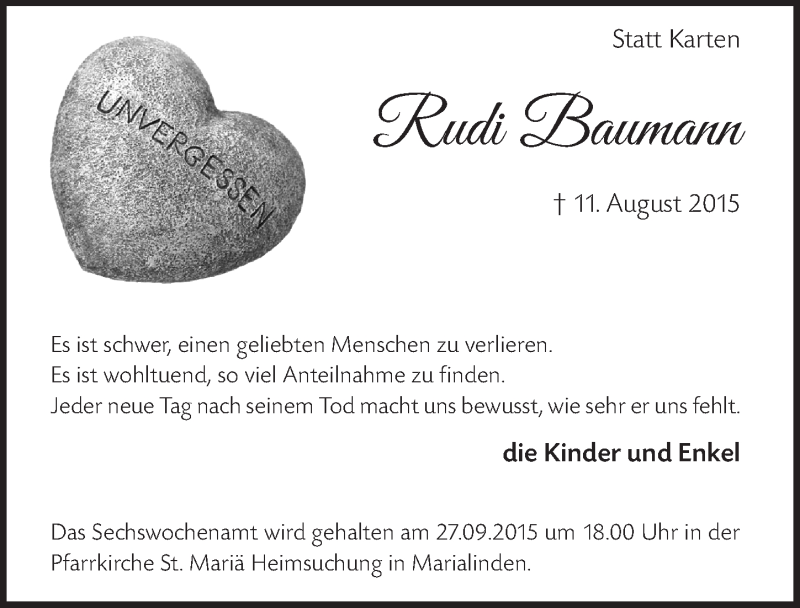  Traueranzeige für Rudi Baumann vom 16.09.2015 aus  Bergisches Handelsblatt 