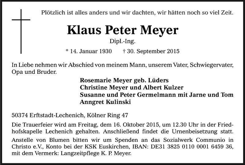  Traueranzeige für Klaus Peter Meyer vom 10.10.2015 aus Kölner Stadt-Anzeiger / Kölnische Rundschau / Express