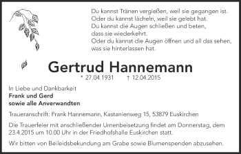 Anzeige von Gertrud Hannemann von  Blickpunkt Euskirchen 