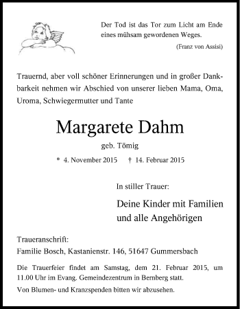 Anzeige von Margarete Dahm von Kölner Stadt-Anzeiger / Kölnische Rundschau / Express