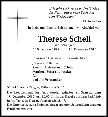 Anzeige von Therese Schell von Kölner Stadt-Anzeiger / Kölnische Rundschau / Express