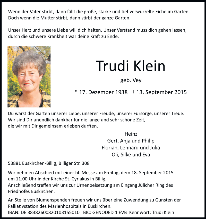  Traueranzeige für Trudi Klein vom 15.09.2015 aus Kölner Stadt-Anzeiger / Kölnische Rundschau / Express
