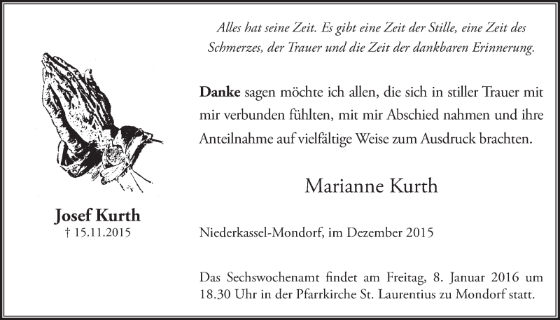  Traueranzeige für Josef Kurth vom 09.12.2015 aus  Extra Blatt 