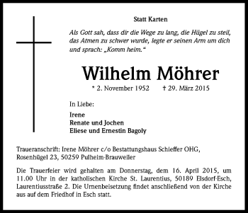 Anzeige von Wilhelm Möhrer von Kölner Stadt-Anzeiger / Kölnische Rundschau / Express