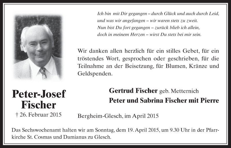  Traueranzeige für Peter-Josef Fischer vom 15.04.2015 aus  Werbepost 