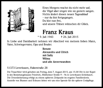 Anzeige von Franz Kraus von Kölner Stadt-Anzeiger / Kölnische Rundschau / Express