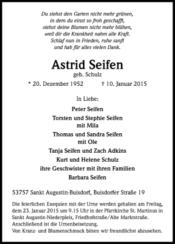 Anzeige von Astrid Seifen von Kölner Stadt-Anzeiger / Kölnische Rundschau / Express