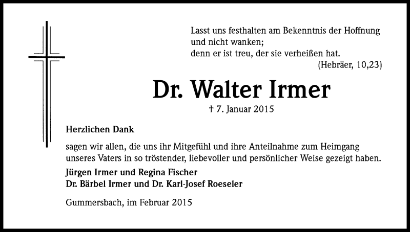  Traueranzeige für Walter Irmer vom 21.02.2015 aus Kölner Stadt-Anzeiger / Kölnische Rundschau / Express