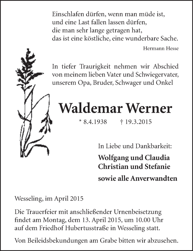  Traueranzeige für Waldemar Werner vom 08.04.2015 aus  Schlossbote/Werbekurier 