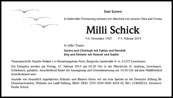 Anzeige von Milli Schick von Kölner Stadt-Anzeiger / Kölnische Rundschau / Express