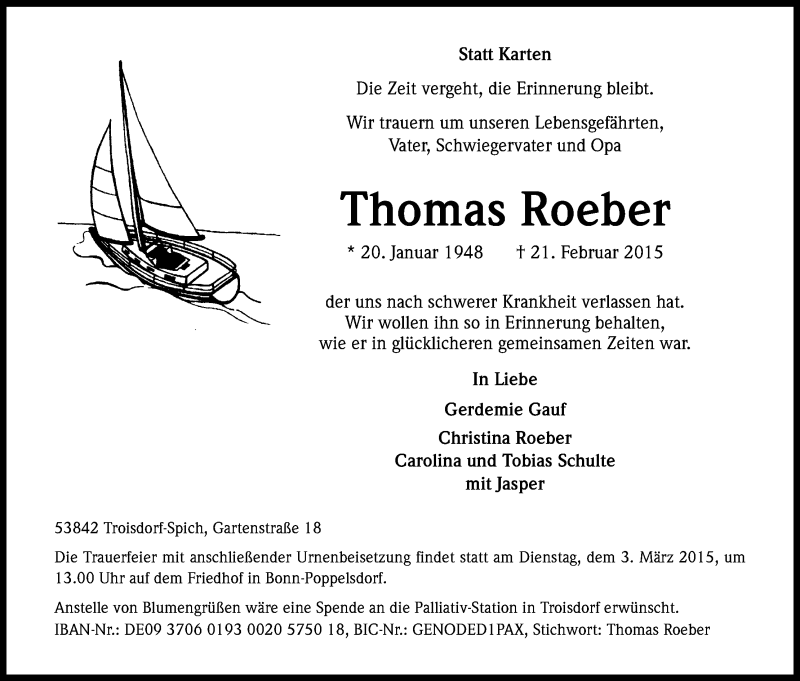  Traueranzeige für Thomas Roeber vom 28.02.2015 aus Kölner Stadt-Anzeiger / Kölnische Rundschau / Express