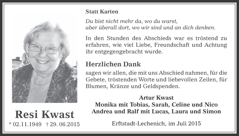  Traueranzeige für Resi Kwast vom 29.07.2015 aus  Werbepost 