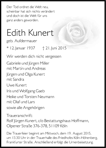 Anzeige von Edith Kunert von Kölner Stadt-Anzeiger / Kölnische Rundschau / Express