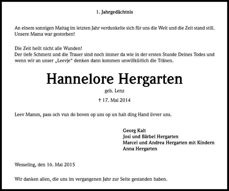  Traueranzeige für Hannelore Hergarten vom 16.05.2015 aus Kölner Stadt-Anzeiger / Kölnische Rundschau / Express