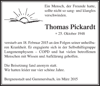 Anzeige von Thomas Pickardt von  Anzeigen Echo 