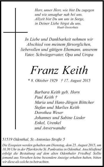 Anzeige von Franz Keith von Kölner Stadt-Anzeiger / Kölnische Rundschau / Express