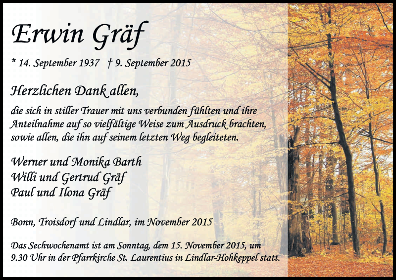  Traueranzeige für Erwin Gräf vom 07.11.2015 aus Kölner Stadt-Anzeiger / Kölnische Rundschau / Express