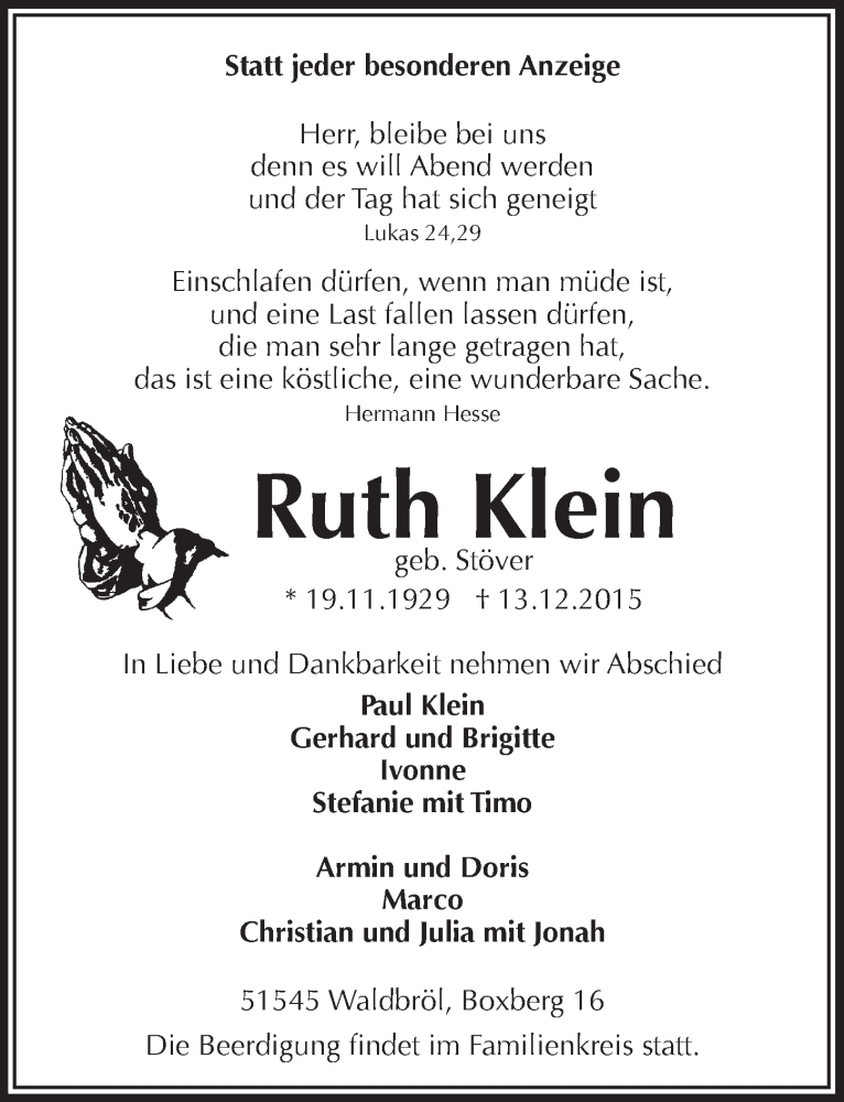  Traueranzeige für Ruth Klein vom 16.12.2015 aus  Lokalanzeiger 