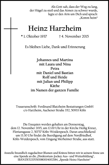 Anzeige von Heinz Harzheim von Kölner Stadt-Anzeiger / Kölnische Rundschau / Express