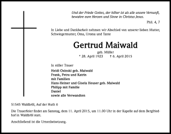 Anzeige von Gertrud Maiwald von Kölner Stadt-Anzeiger / Kölnische Rundschau / Express