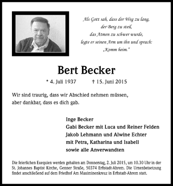 Anzeige von Bert Becker von Kölner Stadt-Anzeiger / Kölnische Rundschau / Express