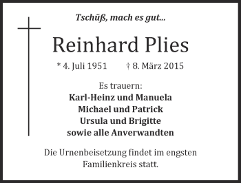 Anzeige von Reinhard Plies von  Kölner Wochenspiegel 