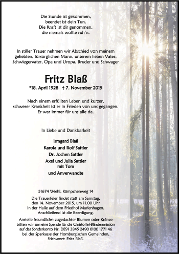 Anzeige von Fritz Blaß von Kölner Stadt-Anzeiger / Kölnische Rundschau / Express
