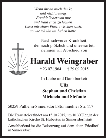 Anzeige von Harald Weingraber von  Sonntags-Post 