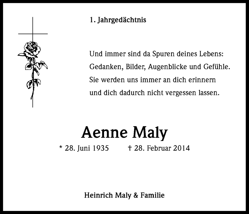  Traueranzeige für Aenne Maly vom 28.02.2015 aus Kölner Stadt-Anzeiger / Kölnische Rundschau / Express
