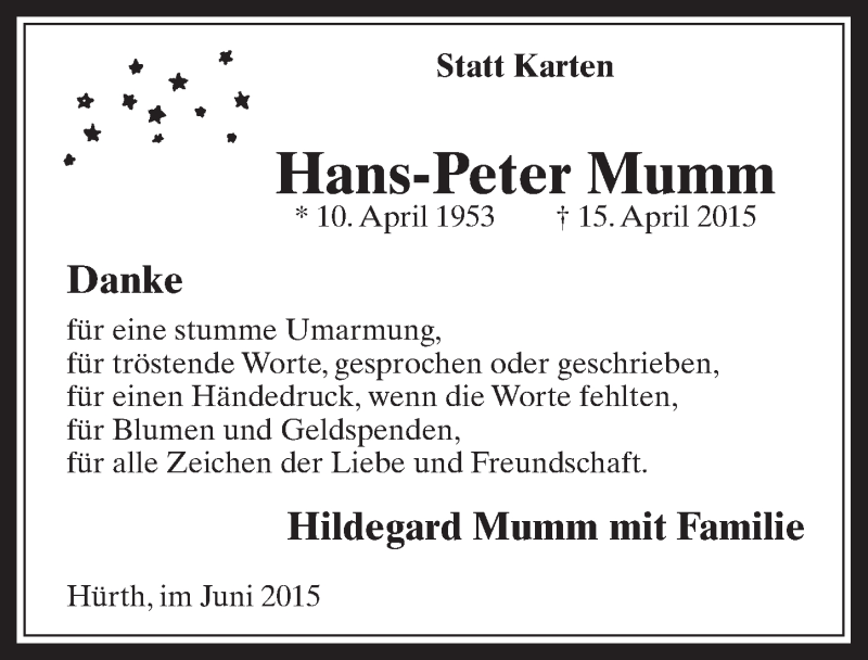  Traueranzeige für Hans-Peter Mumm vom 06.06.2015 aus  Sonntags-Post 