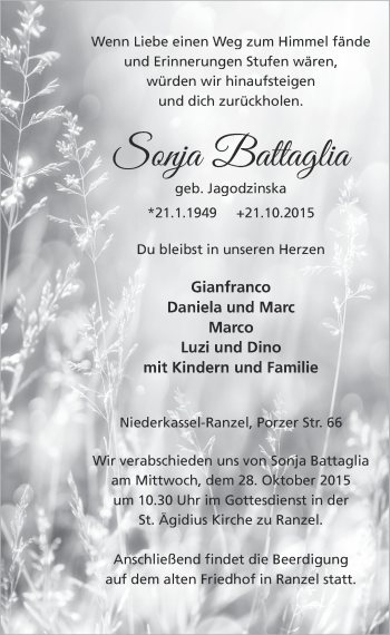 Anzeige von Sonja Battaglia von  Rhein-Sieg-Wochenende 
