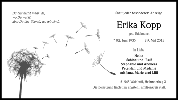 Anzeige von Erika Kopp von Kölner Stadt-Anzeiger / Kölnische Rundschau / Express