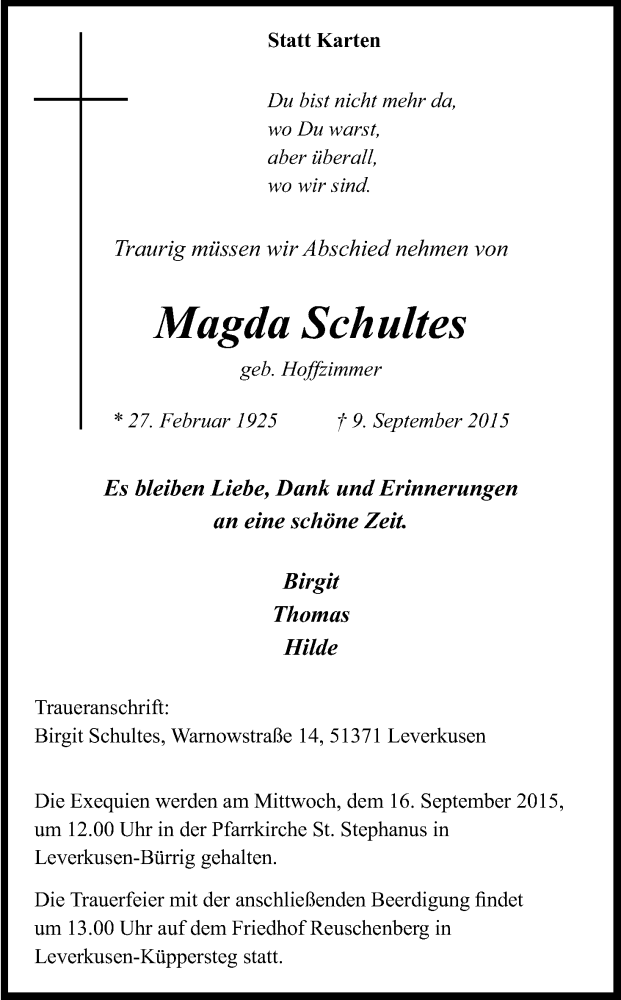  Traueranzeige für Magda Schultes vom 11.09.2015 aus Kölner Stadt-Anzeiger / Kölnische Rundschau / Express