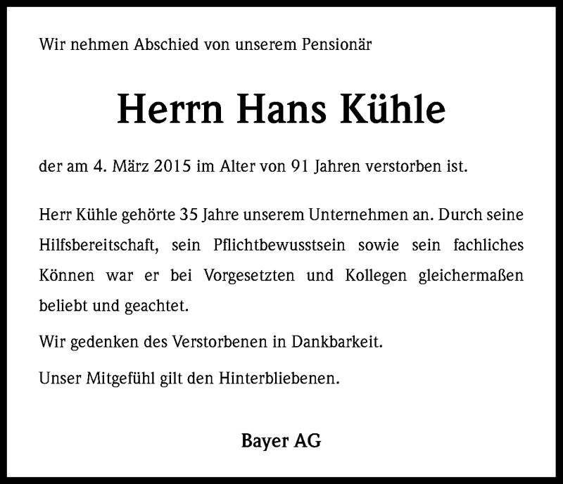  Traueranzeige für Hans Kühle vom 11.03.2015 aus Kölner Stadt-Anzeiger / Kölnische Rundschau / Express