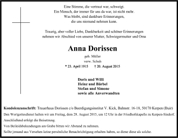Anzeige von Anna Dorissen von Kölner Stadt-Anzeiger / Kölnische Rundschau / Express