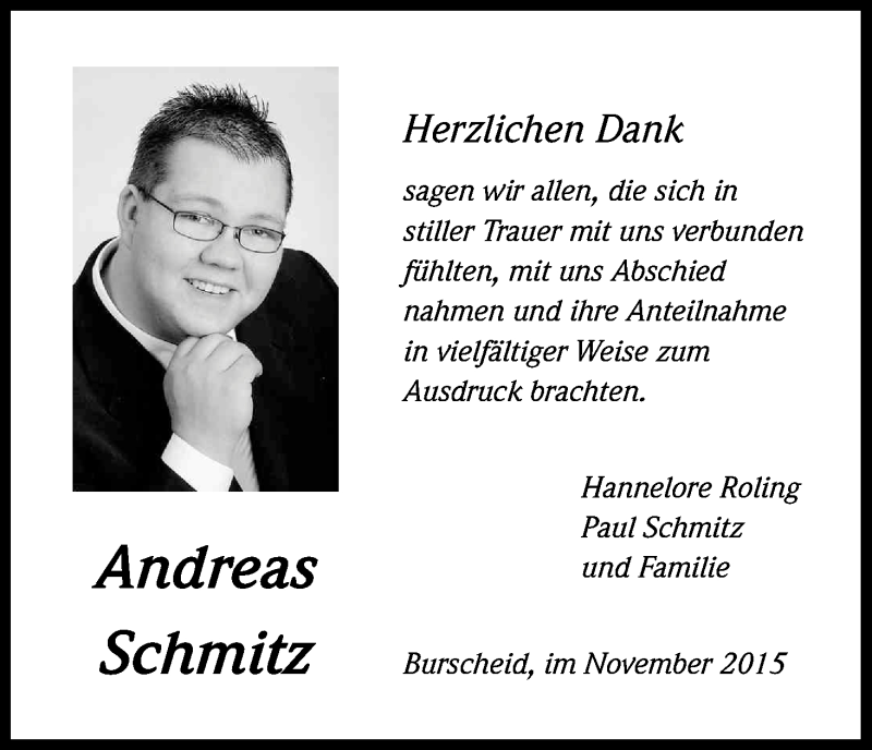  Traueranzeige für Andreas Schmitz vom 09.11.2015 aus Kölner Stadt-Anzeiger / Kölnische Rundschau / Express