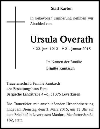 Anzeige von Ursula Overath von Kölner Stadt-Anzeiger / Kölnische Rundschau / Express