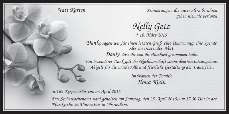 Traueranzeige für Nelly Getz vom 18.04.2015 aus  Sonntags-Post 