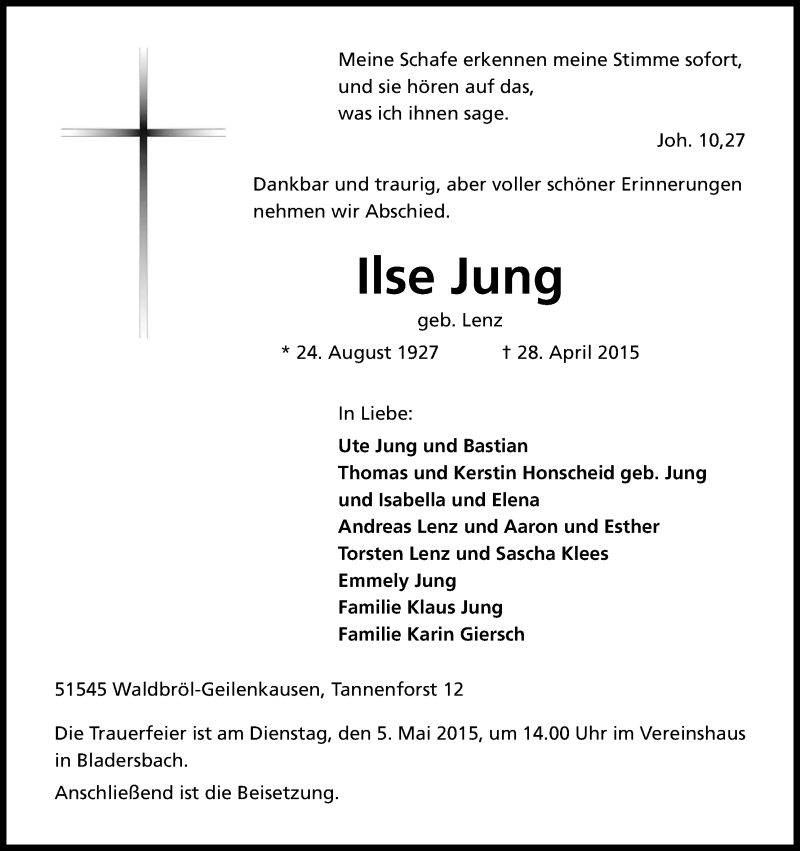  Traueranzeige für Ilse Jung vom 02.05.2015 aus Kölner Stadt-Anzeiger / Kölnische Rundschau / Express