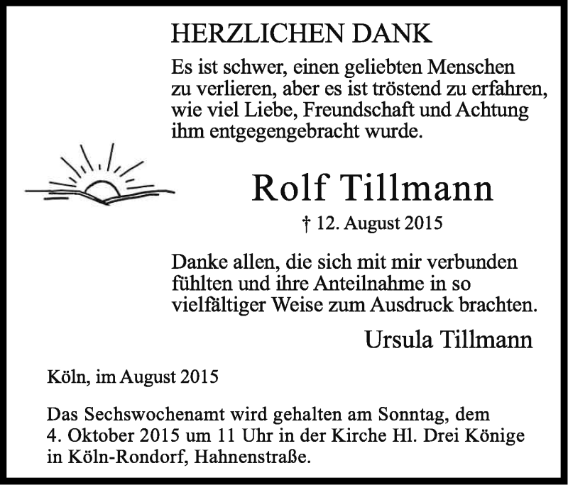  Traueranzeige für Rolf Tillmann vom 22.08.2015 aus Kölner Stadt-Anzeiger / Kölnische Rundschau / Express