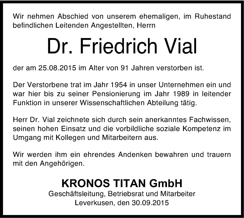 Traueranzeige für Friedrich Vial vom 30.09.2015 aus Kölner Stadt-Anzeiger / Kölnische Rundschau / Express