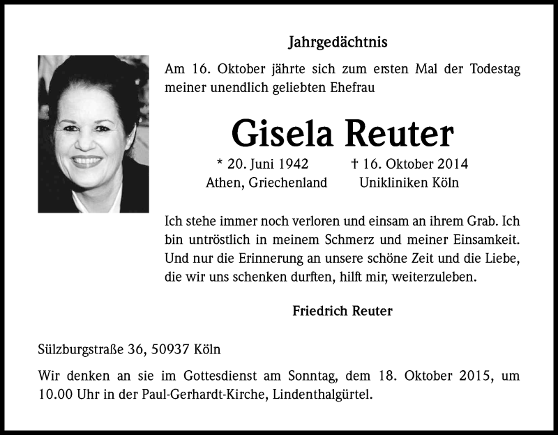  Traueranzeige für Gisela Reuter vom 17.10.2015 aus Kölner Stadt-Anzeiger / Kölnische Rundschau / Express