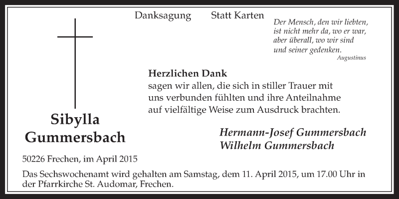  Traueranzeige für Sibylla Gummersbach vom 08.04.2015 aus  Wochenende 