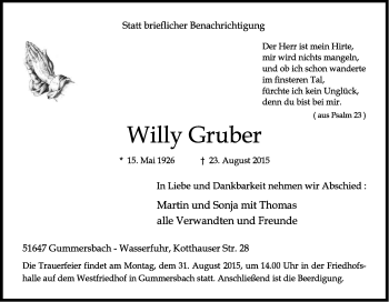 Anzeige von Willi Gruber von Kölner Stadt-Anzeiger / Kölnische Rundschau / Express