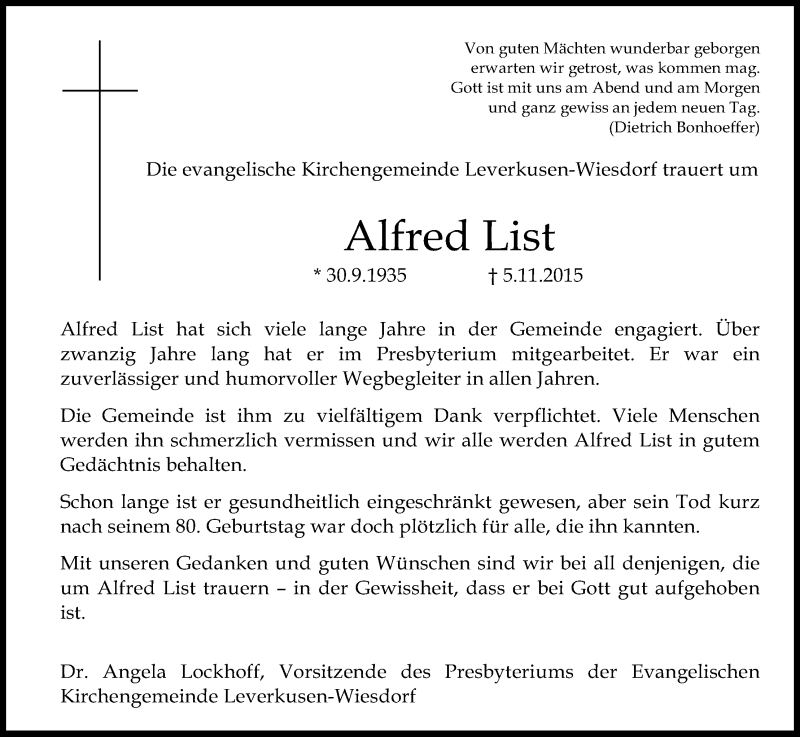  Traueranzeige für Alfred List vom 14.11.2015 aus Köln - Wir Trauern