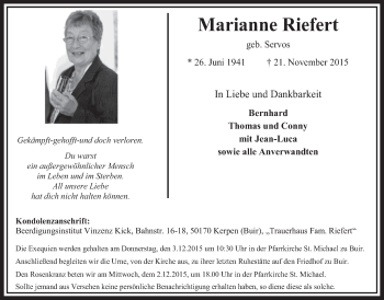 Anzeige von Marianne Riefert von  Sonntags-Post 