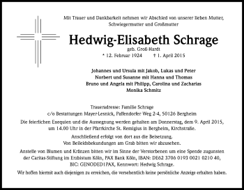 Anzeige von Hedwig-Elisabeth Schrage von Kölner Stadt-Anzeiger / Kölnische Rundschau / Express