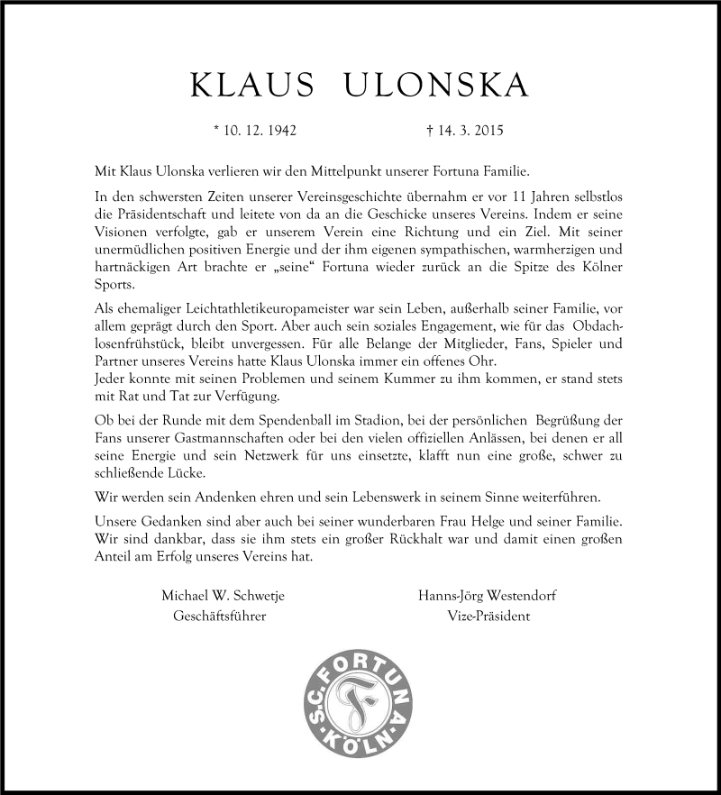  Traueranzeige für Klaus Ulonska vom 18.03.2015 aus Kölner Stadt-Anzeiger / Kölnische Rundschau / Express